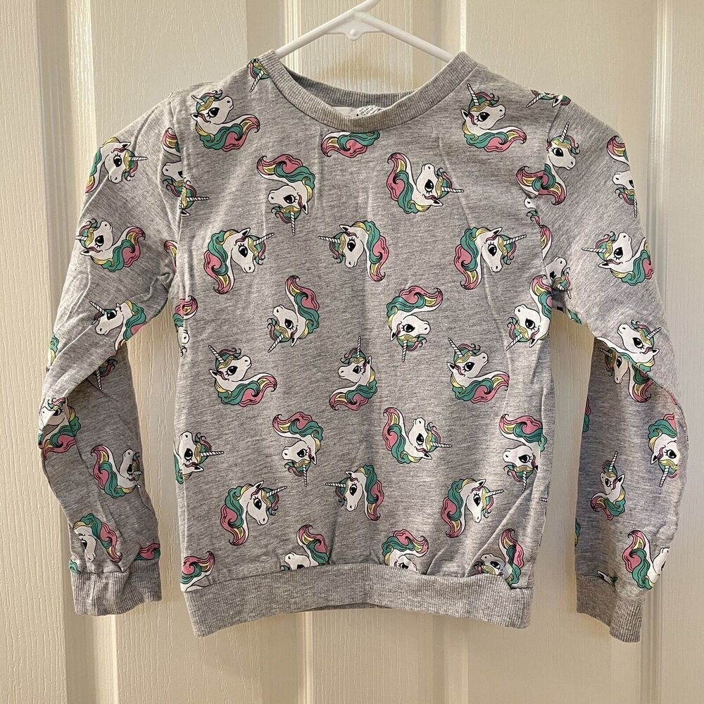 H&M Unicorn Lightweight Sweatshirt Gray Girls Size 6-8
